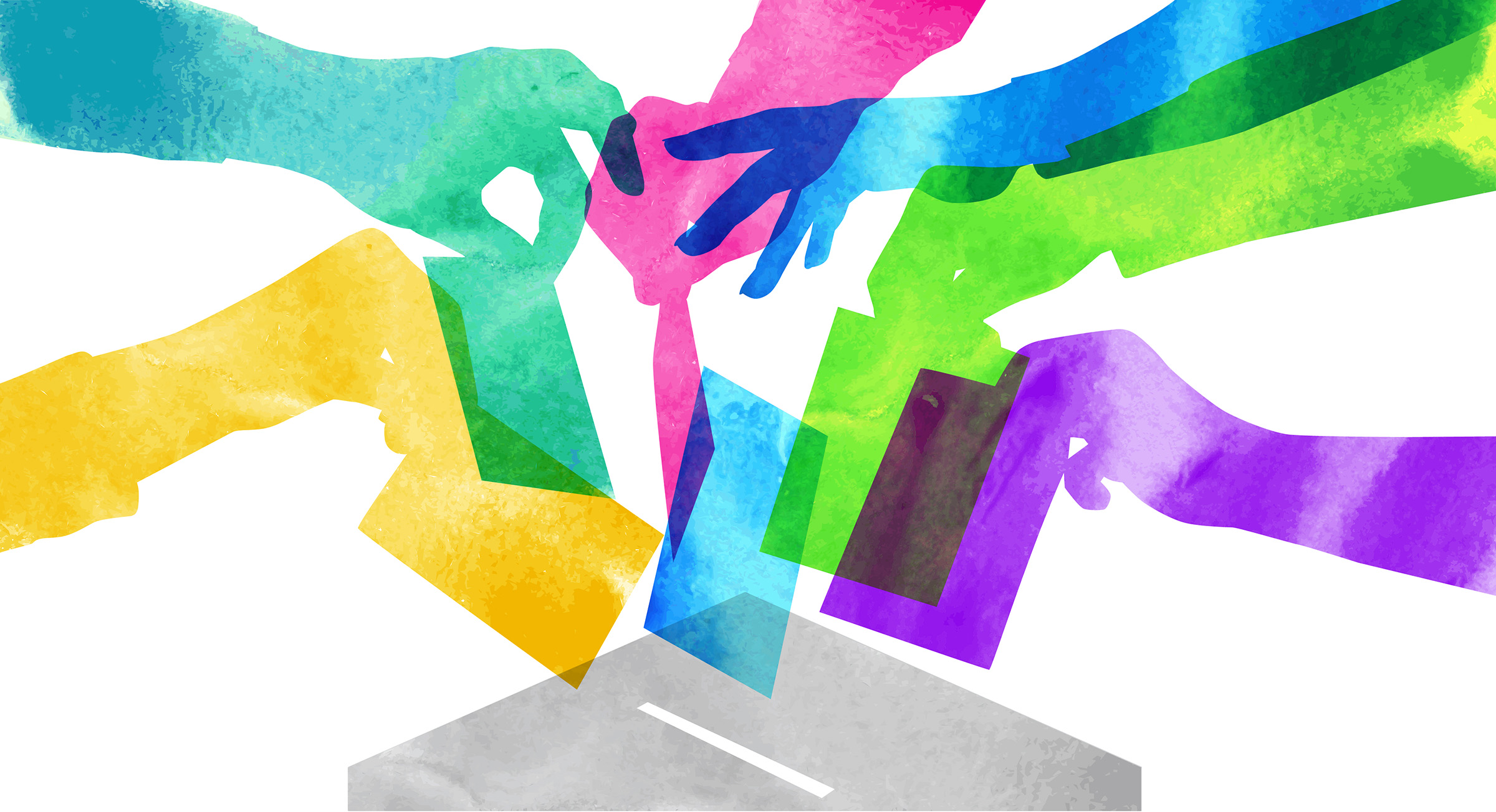 Hände, die Wahlzettel in eine Wahlurne werfen